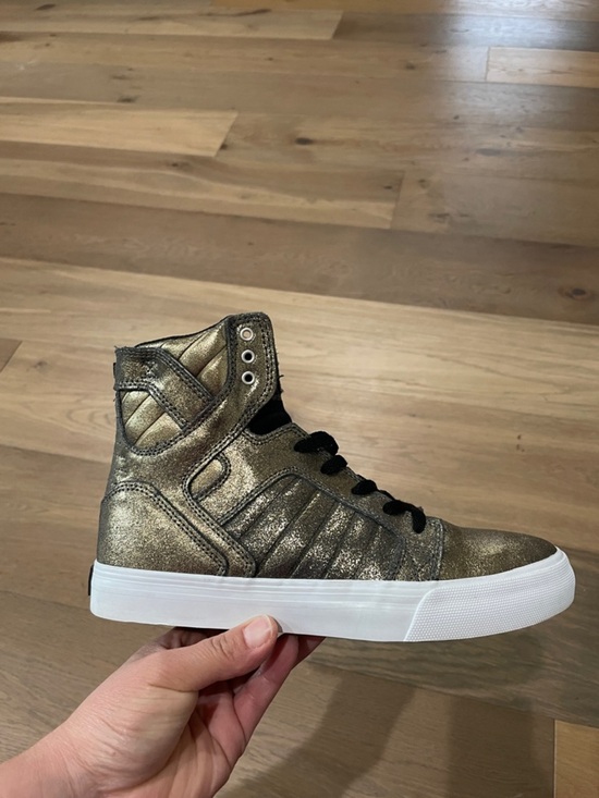 Supra Shiny Gold Punk Rock Biker High Top Boots Metallic Leather Lace Size 6 main image 4